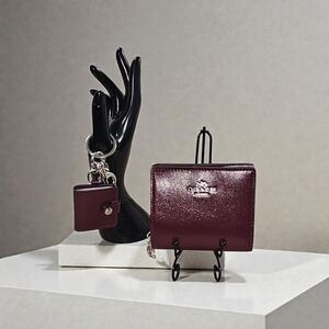 Coach Women's Dark Wine Smooth Leather Wallet and Keychain /Charm Set